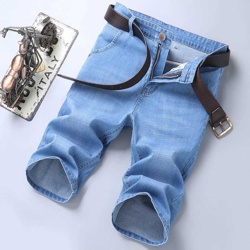 Mens denim shorts 2024 summer new thin elastic strength slim fit shorts mens brand clothing blue W241226