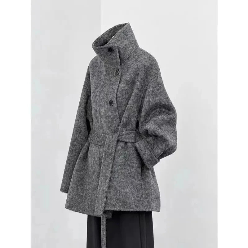 Turtleneck Single Breasted Woolen Coat Laceup Solid Color Elegant Full Sleeve Clothing 241225