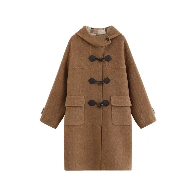 DoubleFaced Wool Duffle Hoodie Coat Women Toggle Button Classic Plaid Collar Warm Long Overcoat Casual Autumn Winter Outerwear 241225