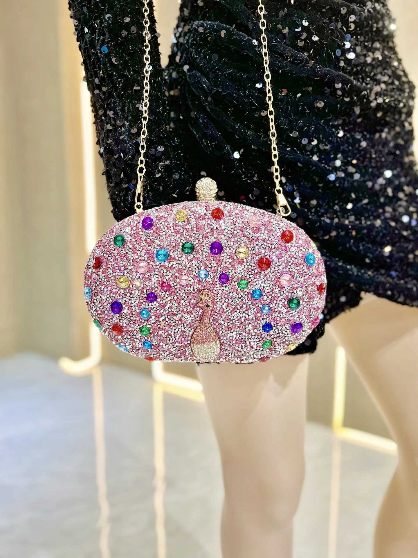 High Quality Light blue sapphire crystal peacock clutch womens evening bag wedding party dinner bride rhinestone handbag T241225