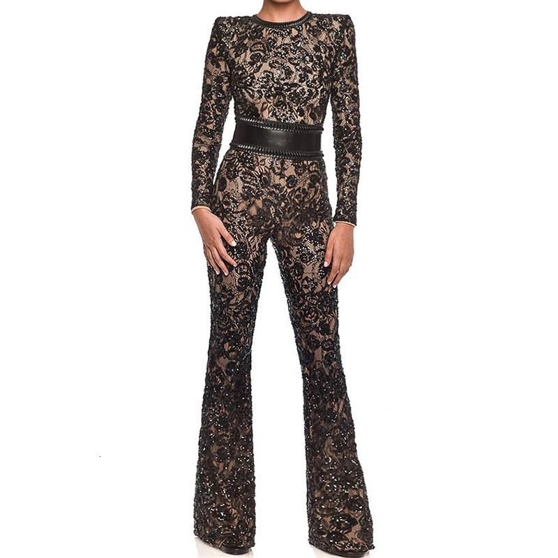 Fashion Women O Neck Lace Slim Jumpsuits Spring Summer Floral Embroidery Long Sleeved Playsuit Sexy Bodycon High Waist Rompers 241225