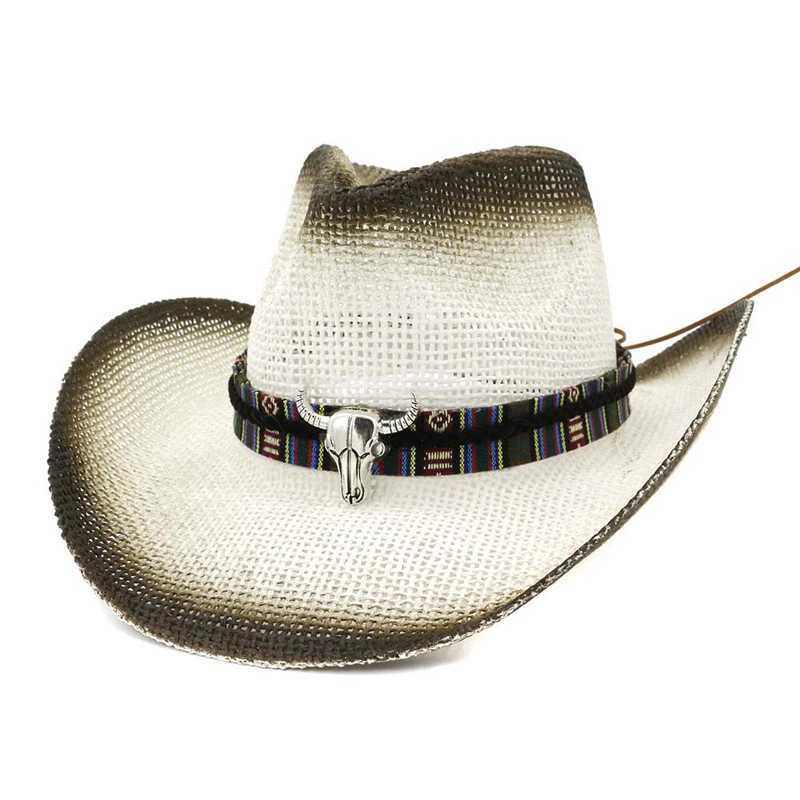 Black spray painted cow head decoration unisex womens Panama style hat wide brown sun visor Cs Per Str cowboy hat W241225
