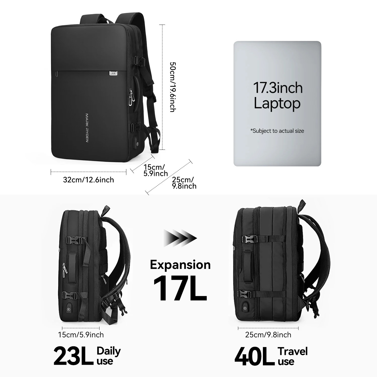 MARK RYDEN Large Backpack Men Rucksack 40L Expandable Business Travel Bag for Men Fits in 17 inch Laptop 241225