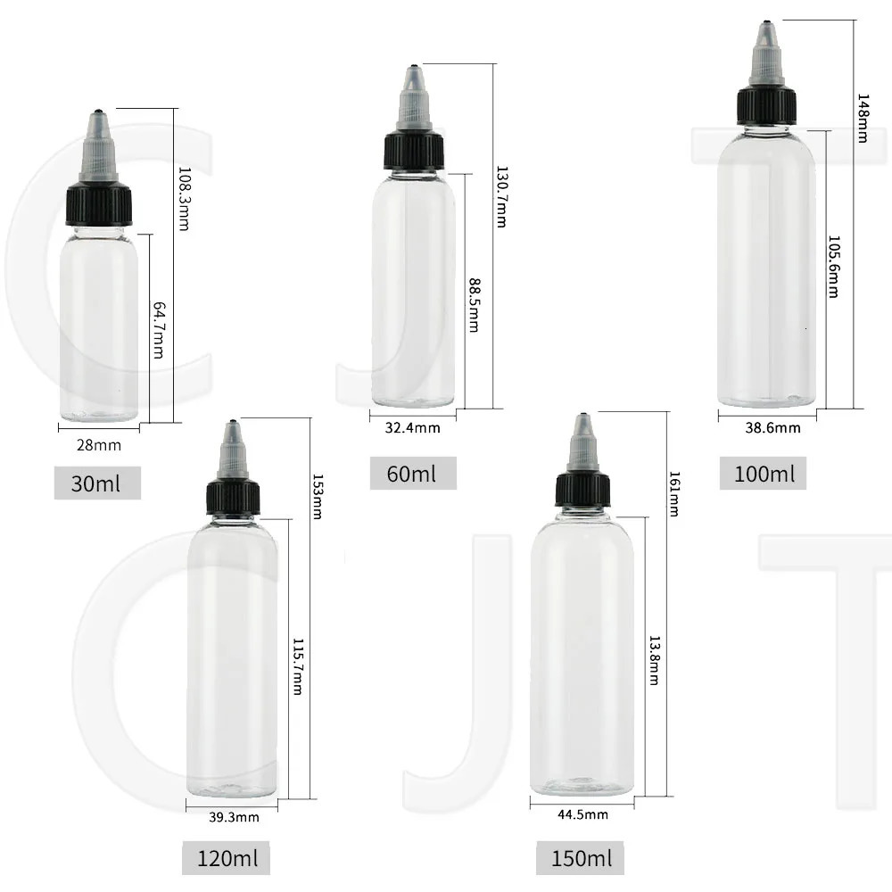 30Pcs 30ml 60ml 100ml 120ml 150ml Plastic Empty Ink Vial Twist Top Black Cap Transparent Clear Bottle Tattooing Accessories 241225