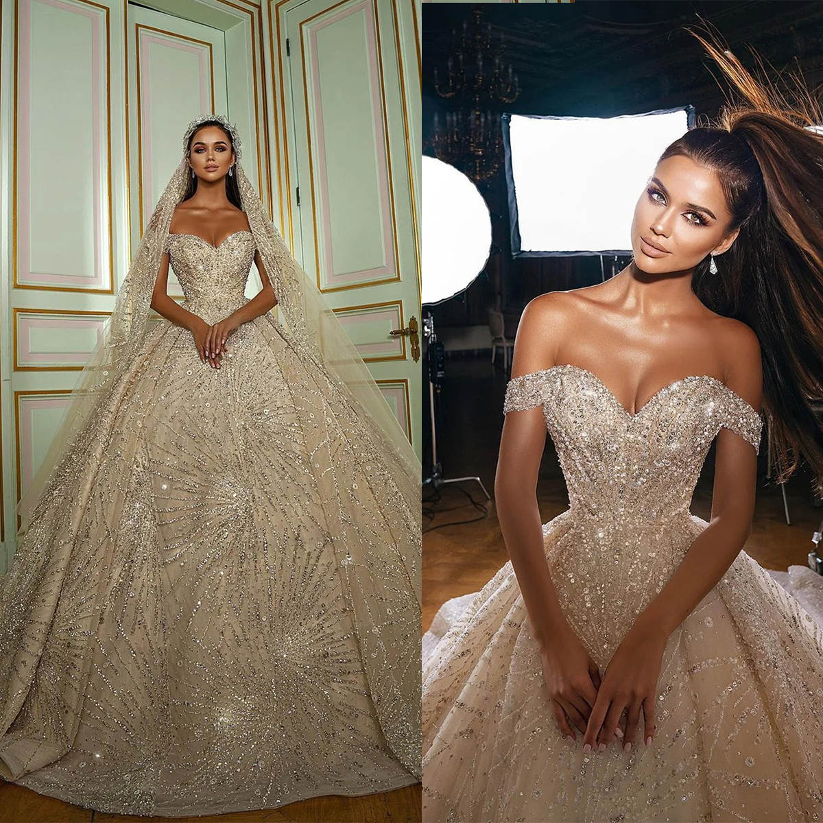 Brilliant Ball Gown Wedding Dresses Off Shoulder Sleeveless Appliques Beads Lace Sequins Court Gown Pleat Custom Made Bridal Plus Size Vestidos De Nov