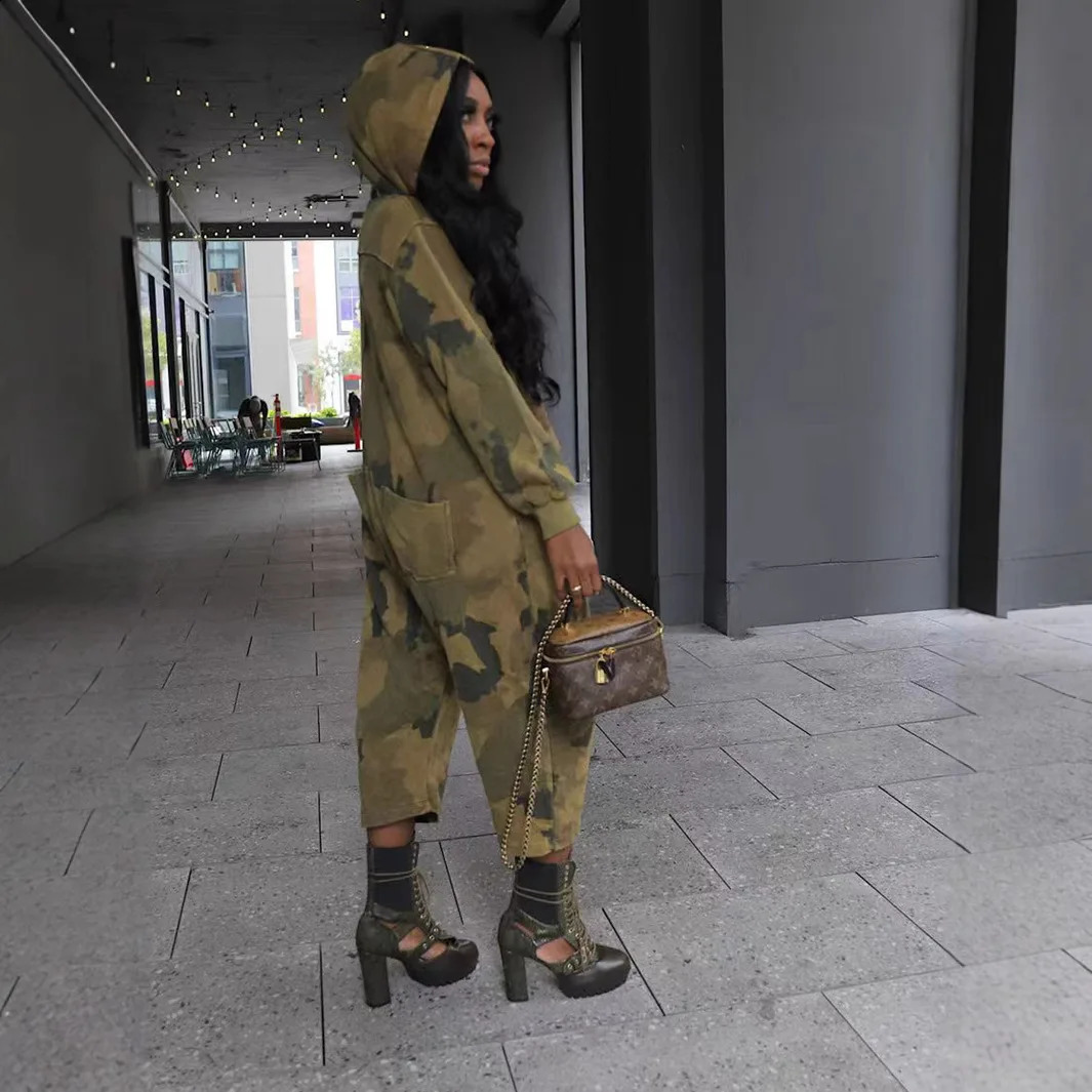 Casual Hooded Camo Jumpsuit Women One Piece Outfit Autumn Winter Street Pocket Pant Female Bodycon Elegant Jumpsuit 241224