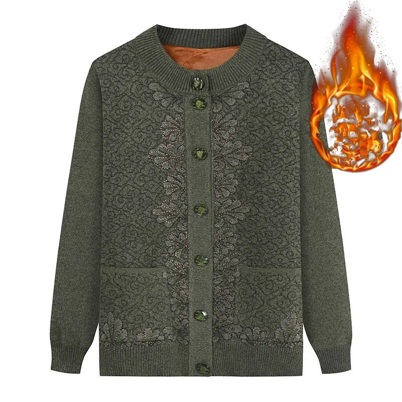 Winter Middle Aged Elderly Womens Clothing Grandma Cardigan Sweater Mother Plus Velvet Warm Knitted Coat Long Sleeve Top 241225