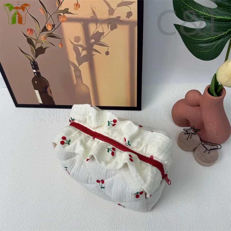 Portable Cotton Makeup Bag Printed Bow Lace Makeup Bag Thickened Travel Cherry Storage Bag Pink Floral 241226