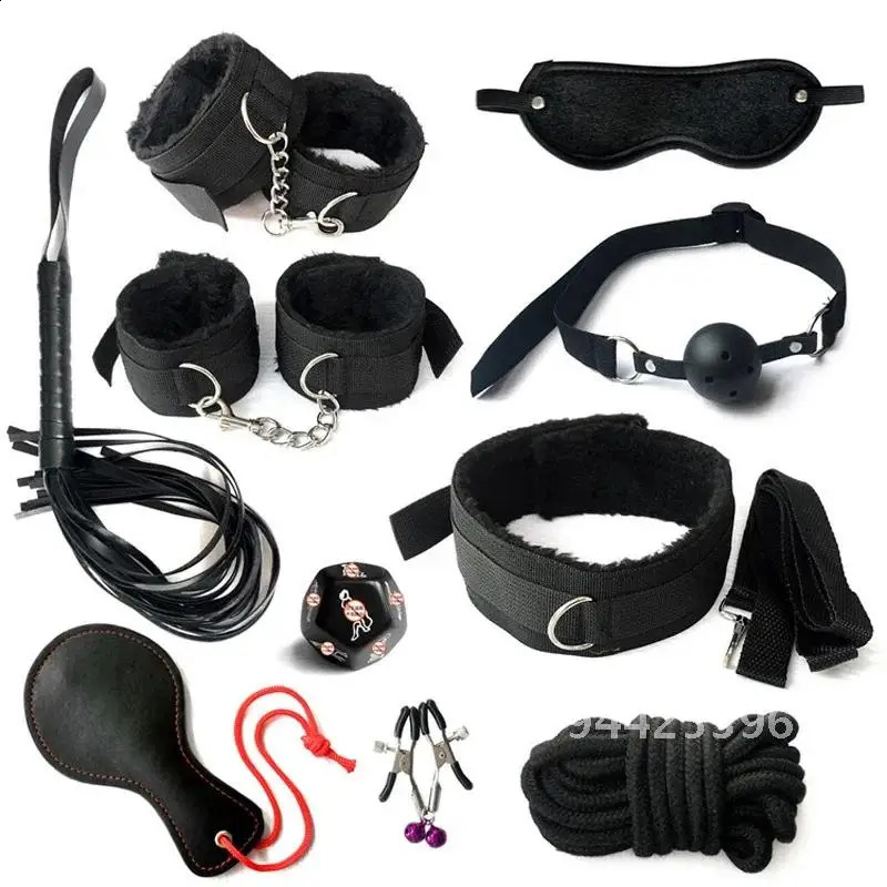 BDSM Bondage Set Sexy Plush Handcuffs Leather Whip Mouth Ball Gag Nipple Clamps Kits Sex Toys For Couples Two Exotic Accessories 241226