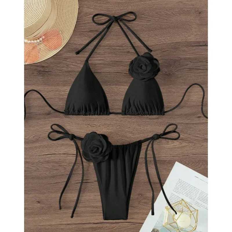 Summer womens solid color swimsuit sexy backless pure cotton swimsuit fashionable suspension split bikini setW241225