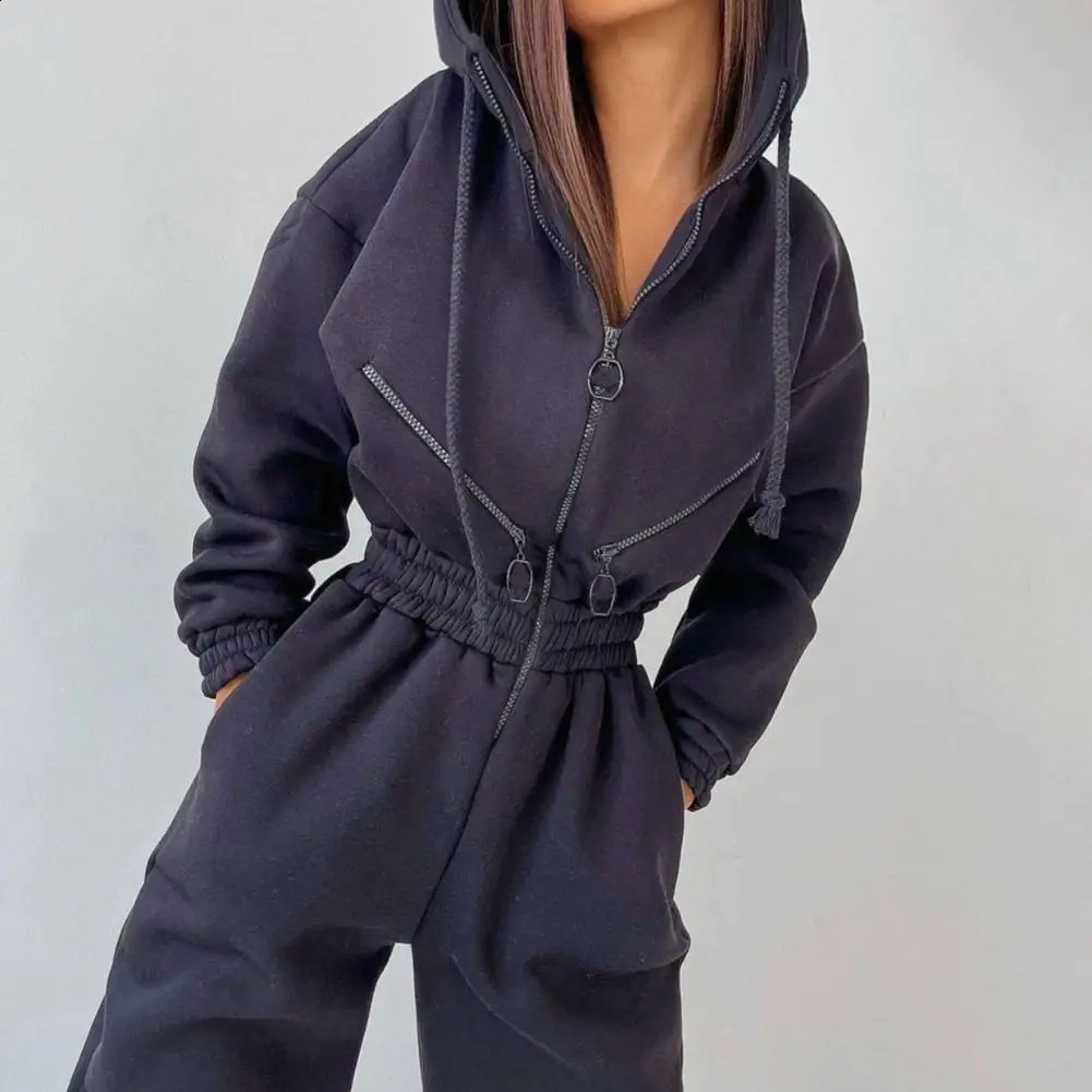 Warm Winter Women Hooded Playsuit Solid Color Thick Tight Waist Rompers Casual Women Hoodie Jumpsuit Overalls combinaison femme 241224