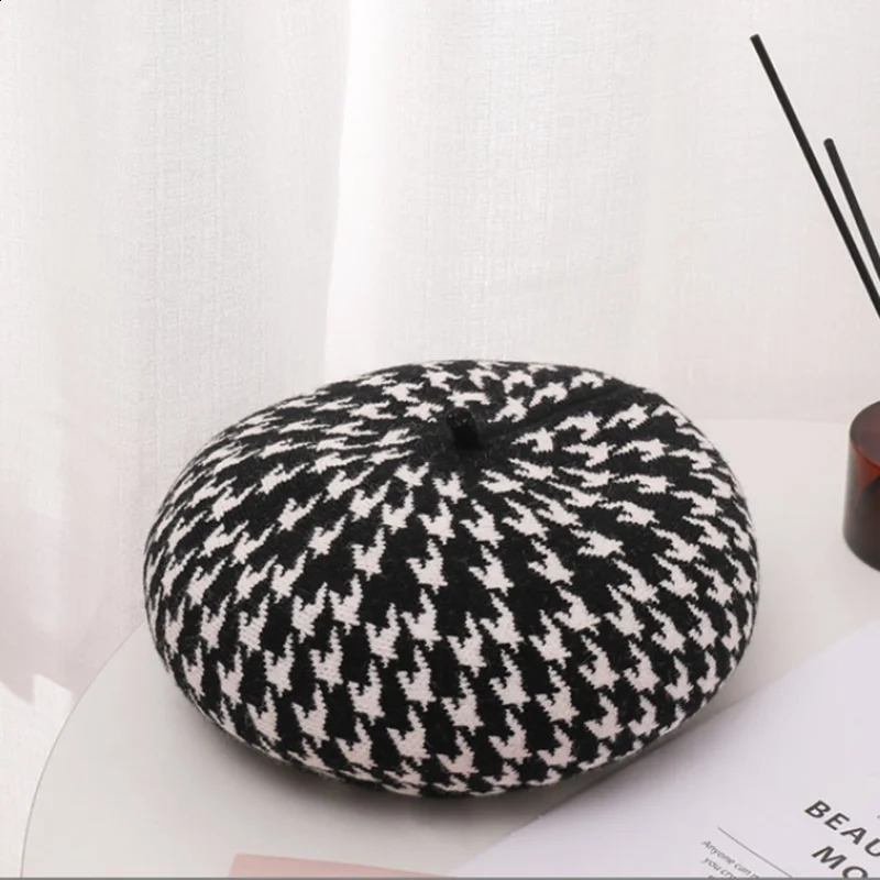 Autumn Winter Womens Thousand Bird Plaid Beret Style Beanie Knit Hat Warm keeping Fashion Artist Art Warm painter hat Cap 241226