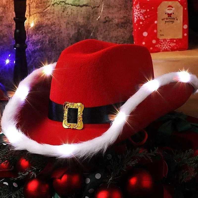 1/5 piece luminous Christmas cowboy hat for womens fashionable Santa Claus party C LED non-woven plush cloth New Years jazz hat W241225