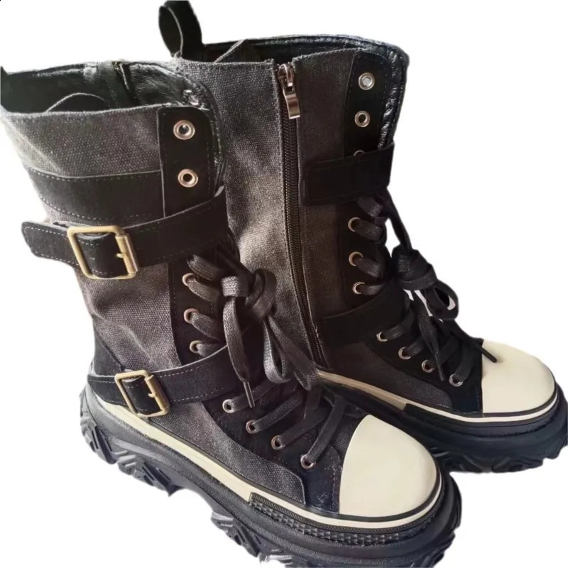 Thick platform women boots vintage canvas tooling High top knight boots Round head muffin sole side zip Belt buckle boots C21 241226