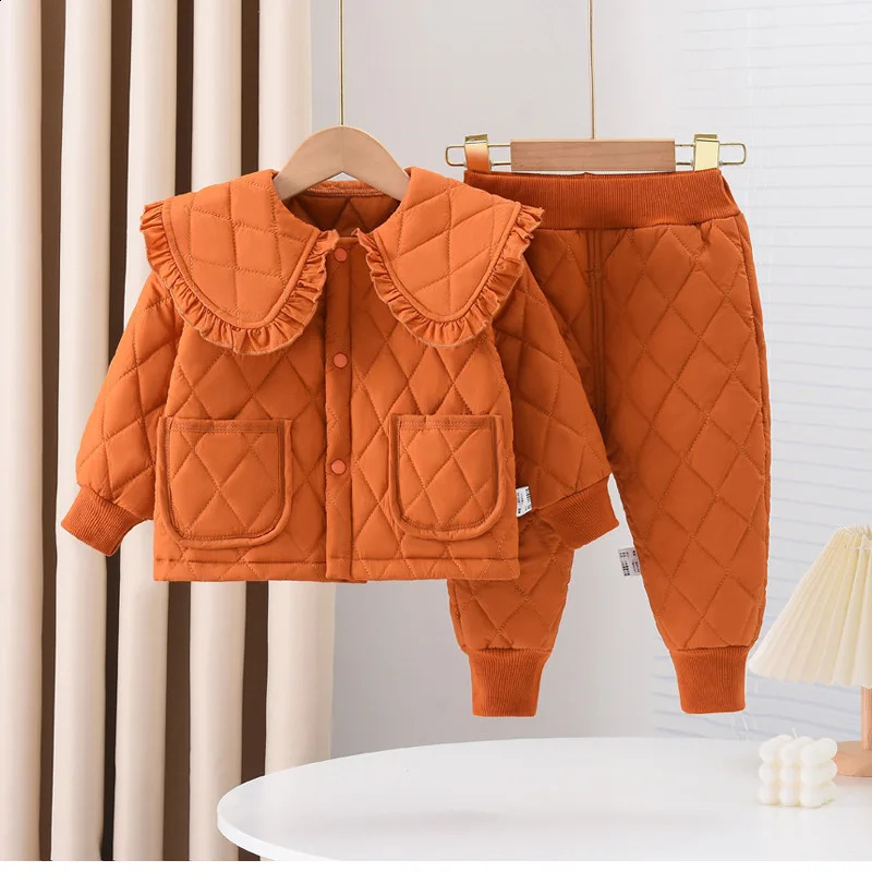 Girls Clip Cotton Sets Winter Baby Warm CoatsPants 2Pcs Autumn Children Lapel Solid Fashion Clothing Suit 12M6 Years 241225