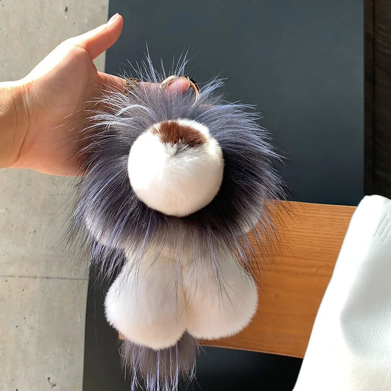 Cute Lion Real Rex Rabbit Fur Keychain Plush Toys Trinkets Women Bag Ornaments Pendant Car Keyring Rearview Mirror Decoration 241226