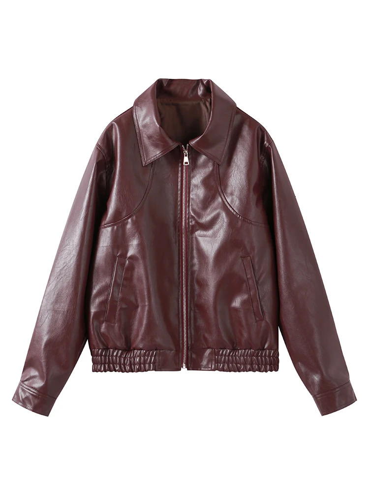 Women Zipper Leather Bomber Jackets Coats Turndown Collar Long Sleeve Top Coat Motorcycle 2024 Autumn Vintage Chic Lady Outwear 241223