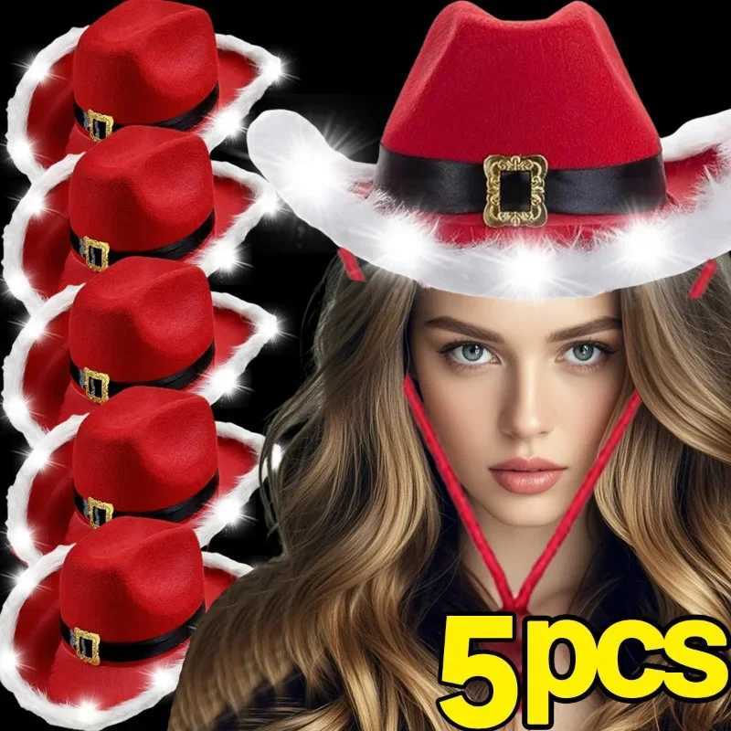 1/5 piece luminous Christmas cowboy hat for womens fashionable Santa Claus party C LED non-woven plush cloth New Years jazz hat W241225