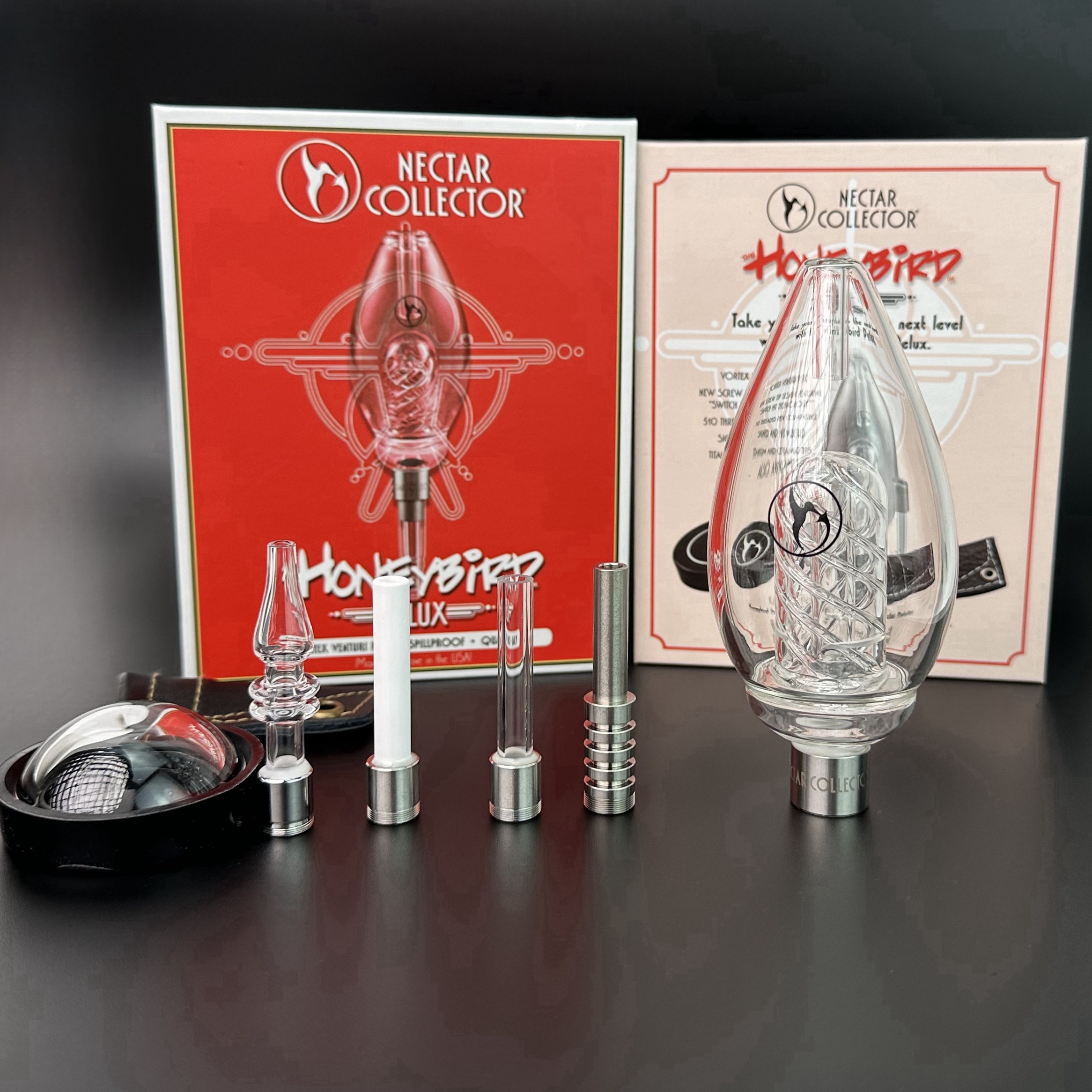 Honeybird Delux Kit Nectar Collector Kits Hookahs With Quarzt Ceramic Titanium Tip Nector Collector Glass Bongs Water Bong Pipe