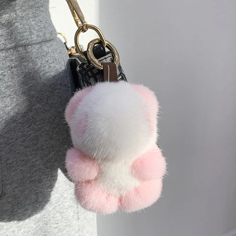 Women Bag Charm Trinkets Car Metal Key Rings Rear View Mirror Ornaments Cute Real Mink Fur Keychain Plush Panda Pendant Kids Toy 241226