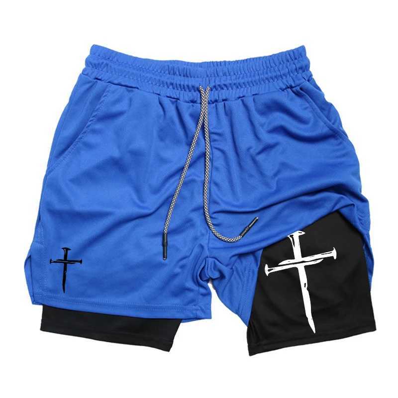 Cross Graphic 2 in 1 Workout Running Shorts for Men Christian Gym Performance Shorts with Phone Pocket Towel Loop Active WearXJ241226