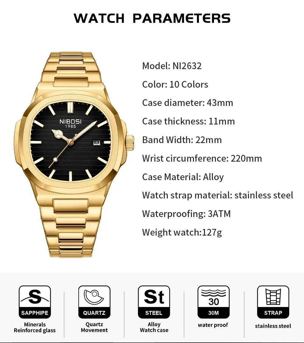 New Arrival NIBOSI New Luxury Business Watch Waterproof Mens Watch Luminous Date Stainless Steel Square Quartz Mens Watch Reloj Hombre Z241226