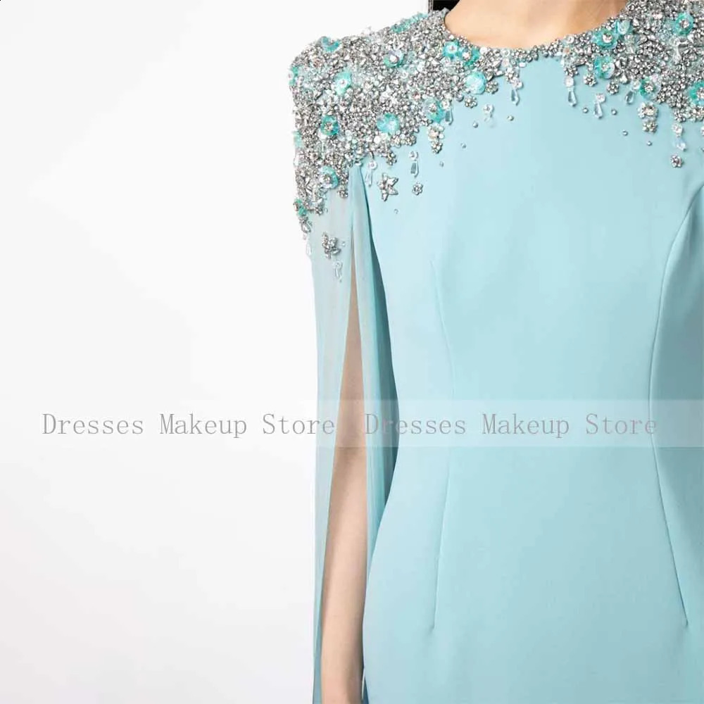 Light Sky Blue Wedding Party Dress Crystal Clock Sleeves O Neck Evening Dresses for Women Mermaid/Trumpet Evening Gowns 241223