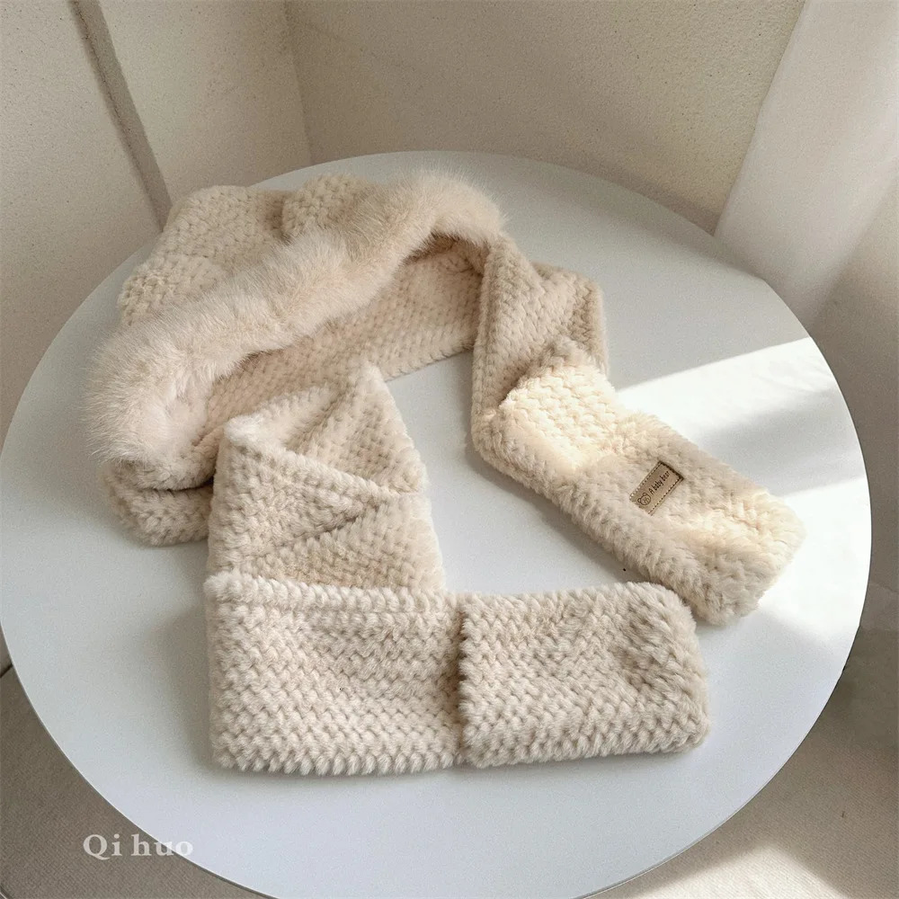 Hat Scarf Gloves three-piece Cap Warm Plush Bib Winter Girl Russian Toboggan Fluffy Knitted Beenies 241225