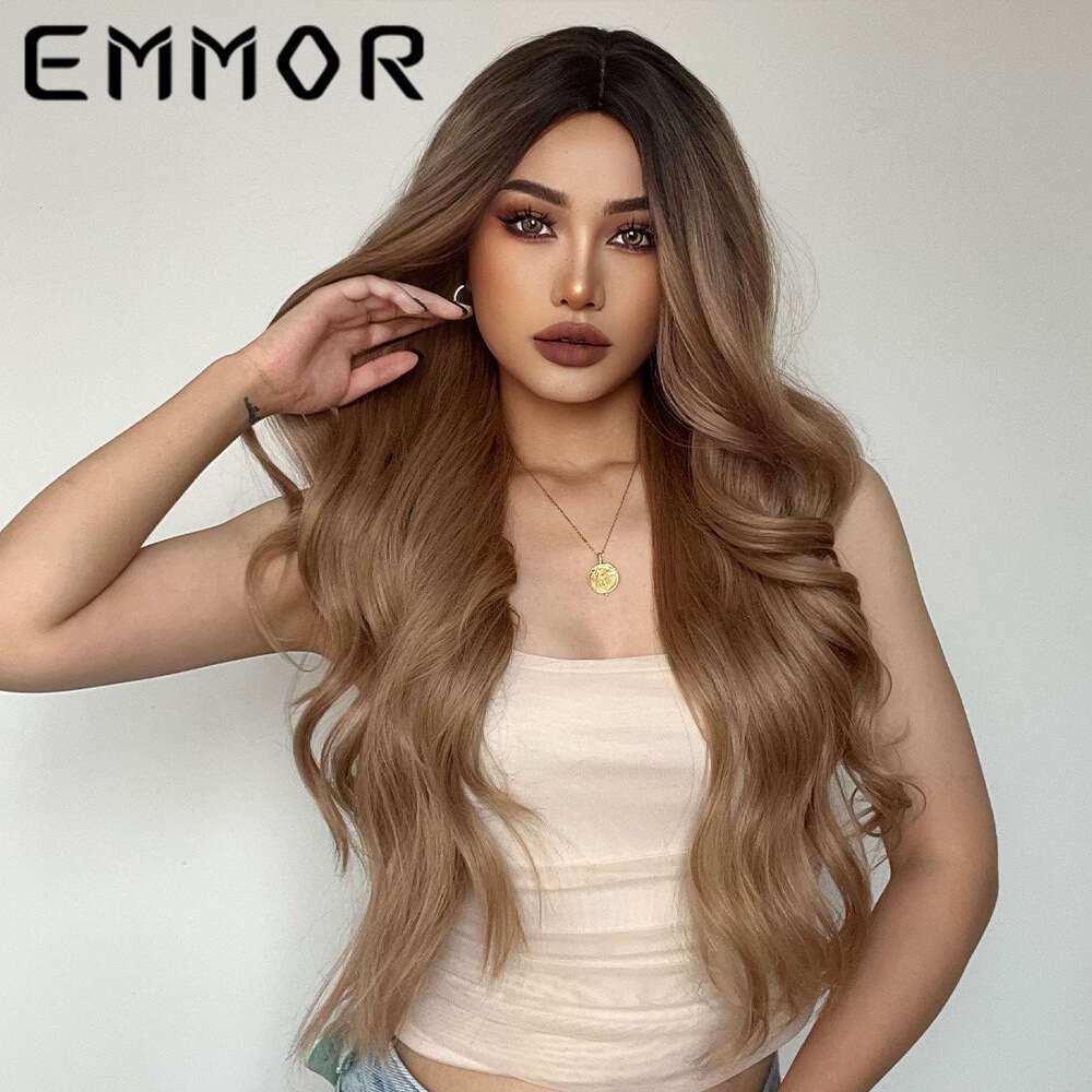 EMMOR Women's Wig Brown Split Gradient Long Curly Hair Chemical Fiber High Temperature Silk Head Cover Wigs Kq1 Kq1