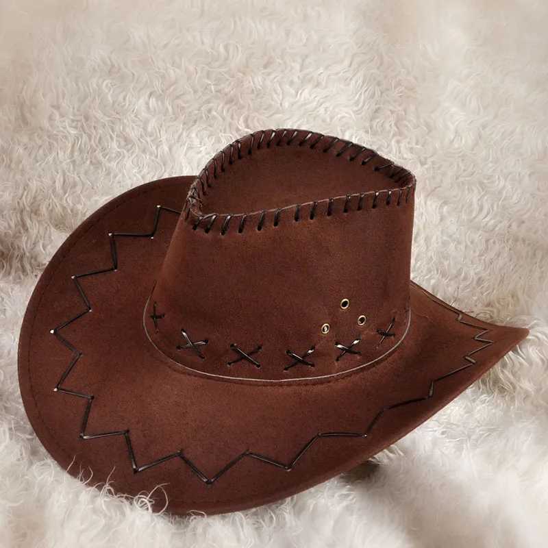 New Cowboy Hat Suede Leather Appearance Wild West Fancy Dr Mens Cowboy Girl Neutral Cowboy Hat Wide Brown Cowboy Girl Jazz C Wholesale W241225