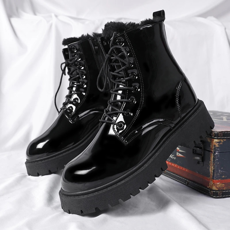 High Ankle Boots Men Casual Footwear Punk Leather for Winter Fur Warm Stylish Motorcycle Boot Big Size 3746 241225