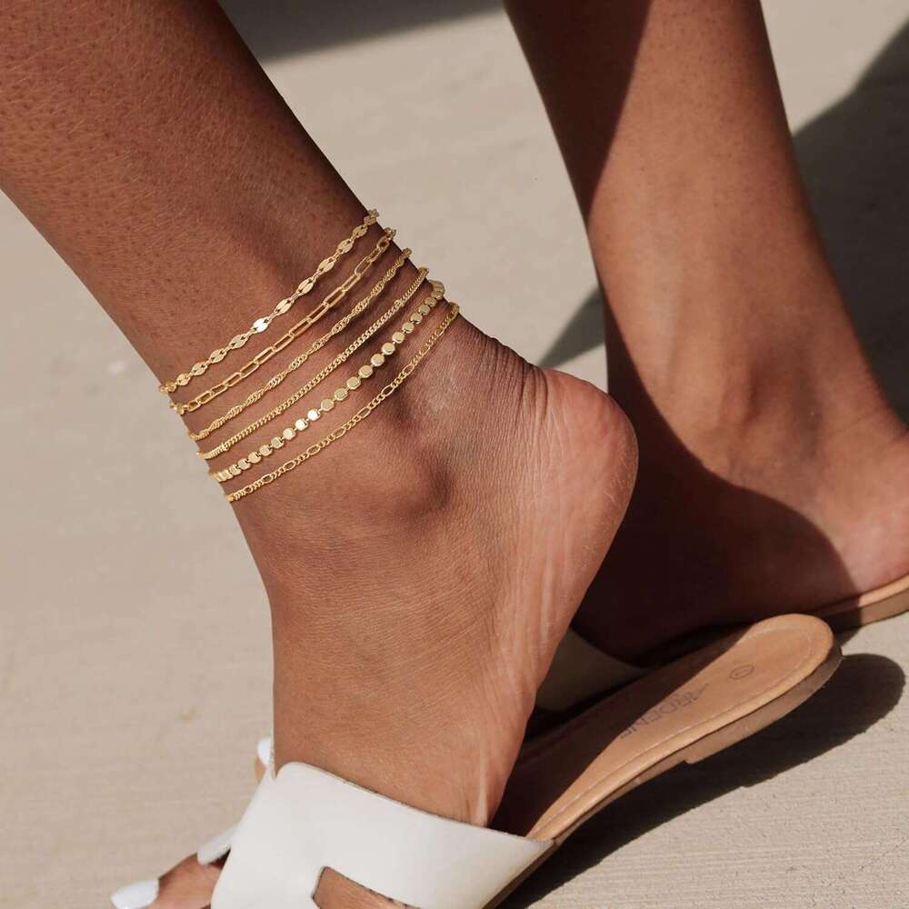 TEWIKY Waterproonkle Bracelets Women, 14K Real Filled Anklets 6PCS Thiny Herringbone Box Paperclip Bead Figaro Cuban k Anklet Set Dainty Gold for Wome