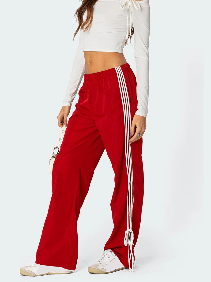 Women Side Striped Sweatpants Elastic Waist Bow Trim Wide Leg Track Pants Y2k Baggy Straight Trousers 241225