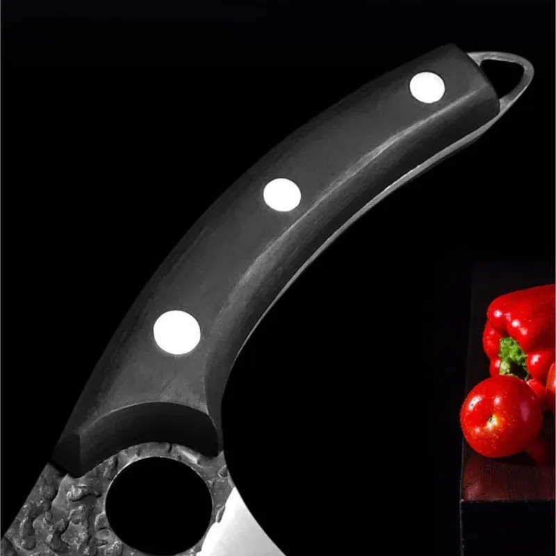 Chefs knife forging stainless steel butcher kitchen meat Boning lawnmower curved knife cutting redwood black wood handle finger ring 241225