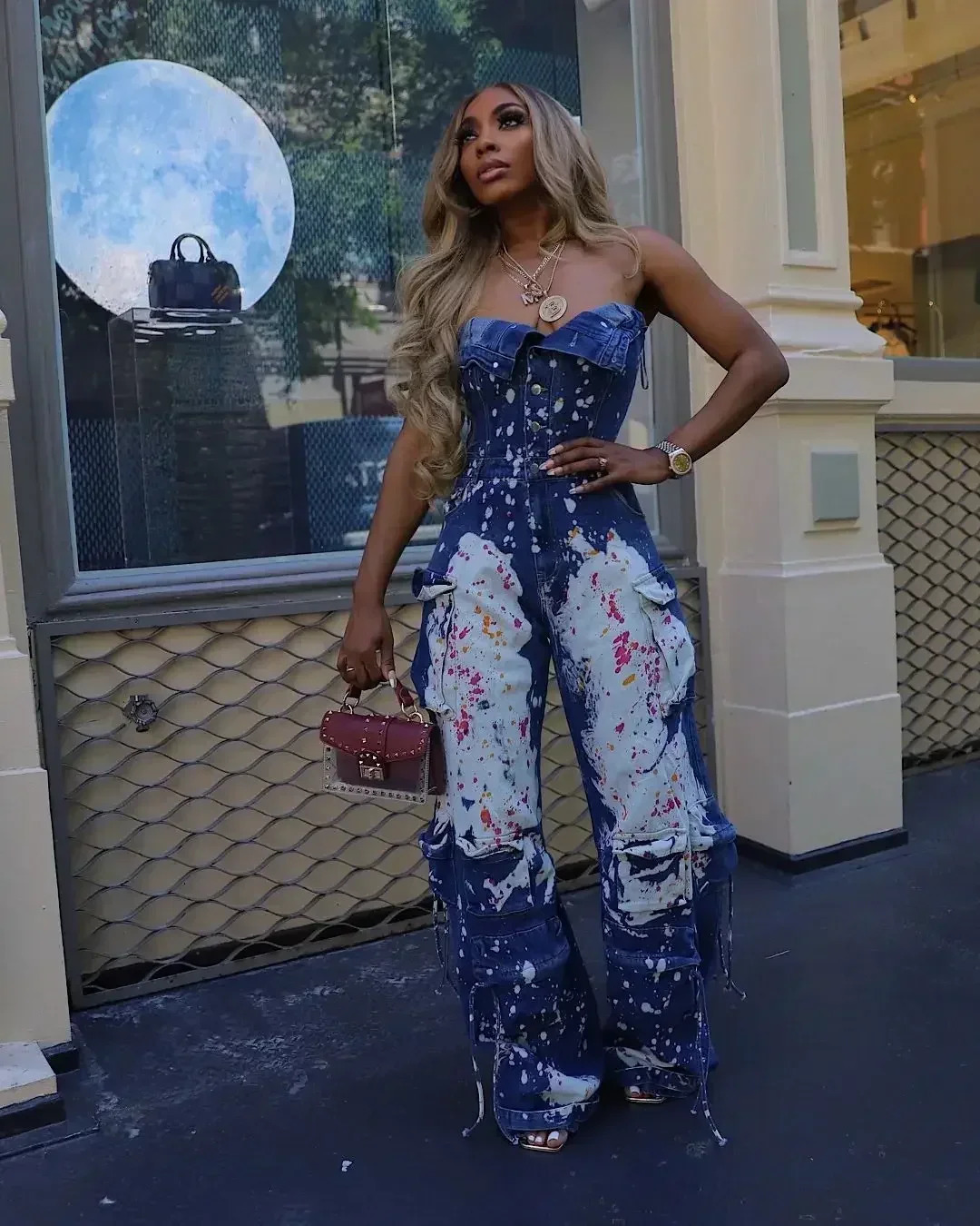 Women Graffiti Print Denim Jumpsuit Cargo Pockets Strapless Loose Wide Leg Jeans Romper Y2K Street Paint Splash Overall 241225