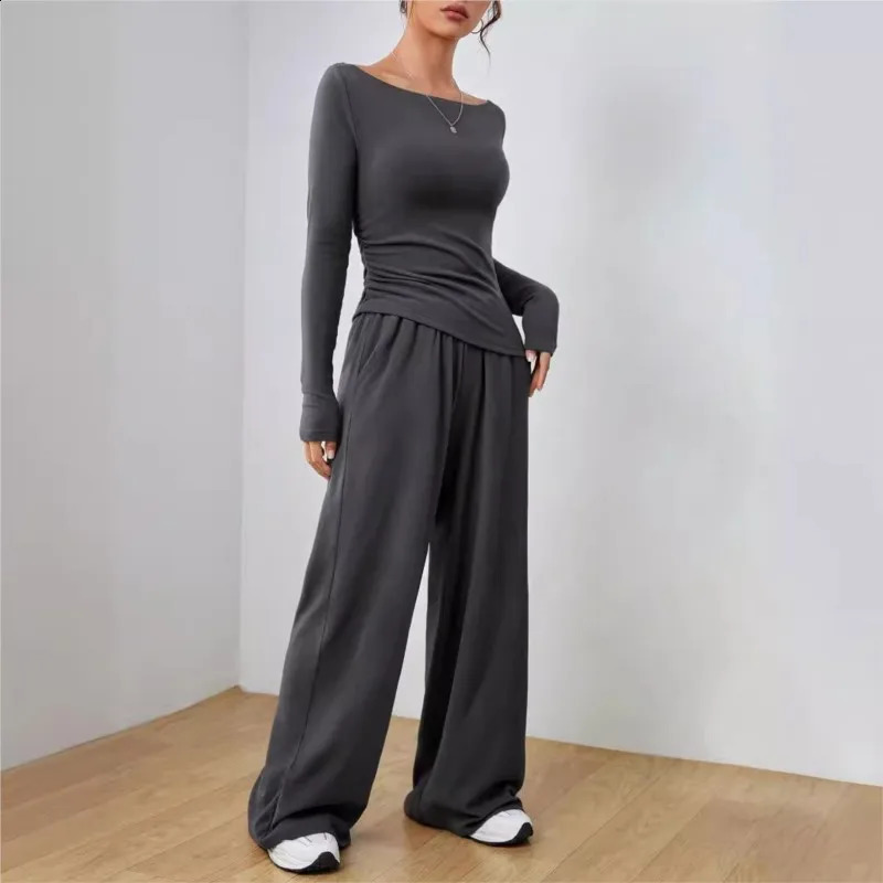 Womens Suit Solid Color Long Sleeve Casual Wide Leg Pants Fashion Two Piece Suit Home Clothing 241224