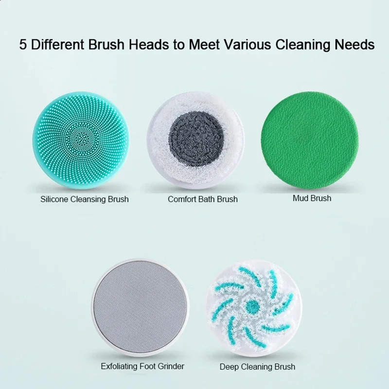 5 in 1 Electric Shower Cleaning Brush Set Rechargeable Long Handle Silicone Back Rubbing Brush for Bath Body Cleaning Massage 241226