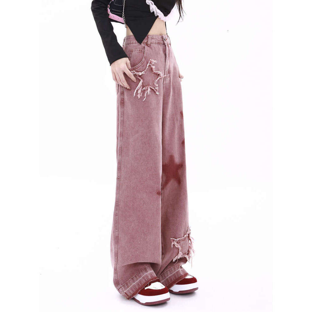 American Retro Five-point Star Raw Edge Splicing Loose Wide-leg Jeans Look Thin Trendy All-match Mopping Pants Women