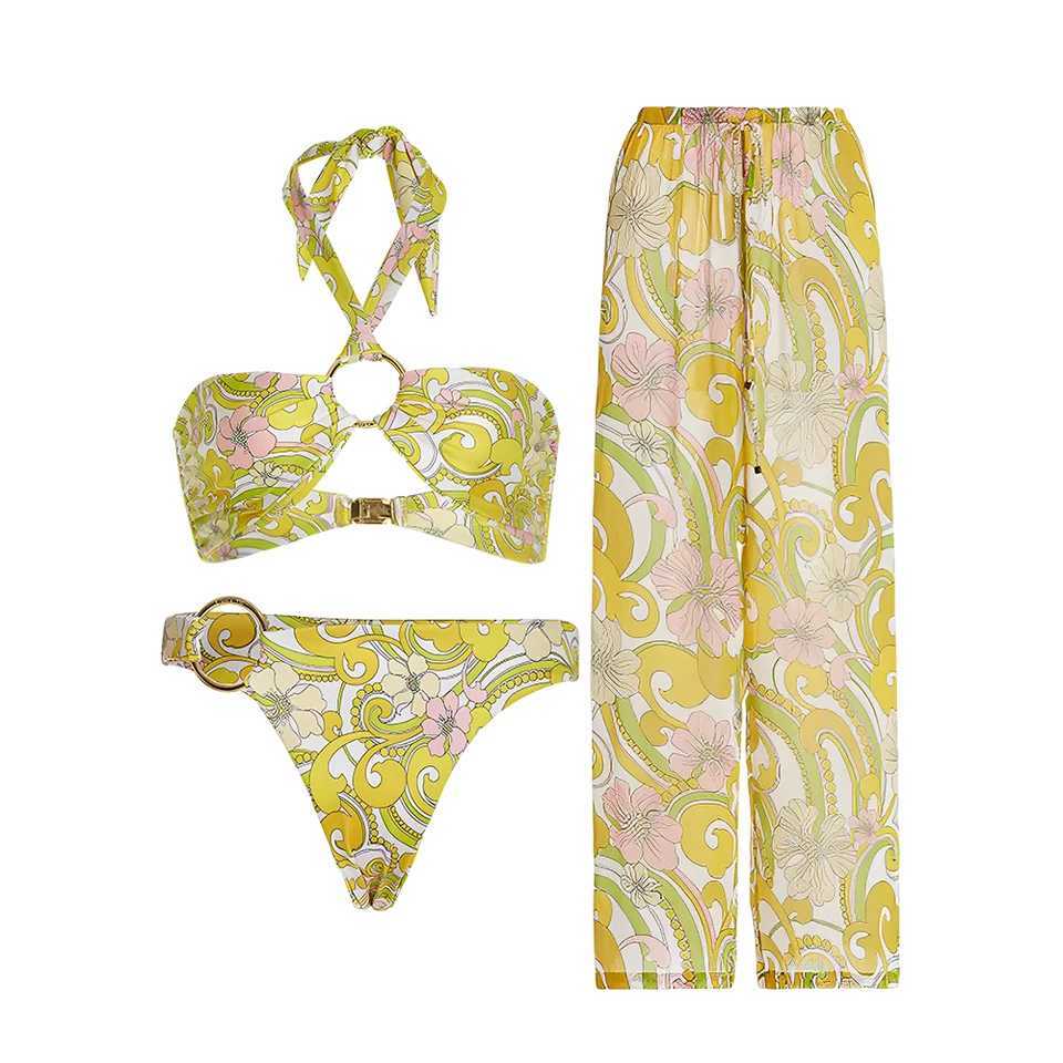 Yellow printed patch work swimsuit womens three piece swimsuit high waist slim fit swimsuit bikini belt sexy and fashionable beachwear backlessW241225