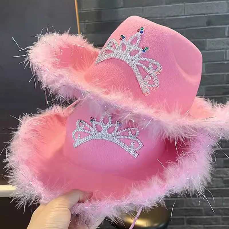 2024 Pink Feather Western Cowboy Hat Womens UK Retro Jazz Cs Theme Party Halloween Carnival Hat Wide Brown Wool Felt Hat W241225