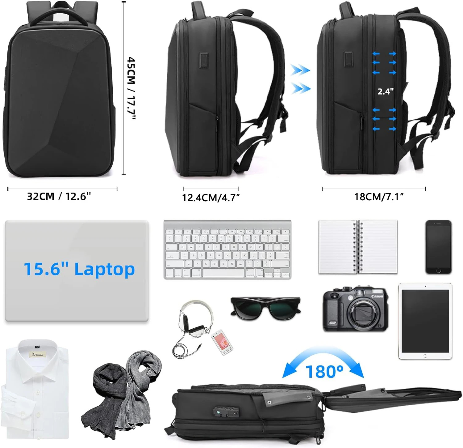 Expandable Travel laptop Backpack men fit 15.6 inch Waterproof Anti-thef Business Bag USB Charging Hard case mochilas de hombre 241225
