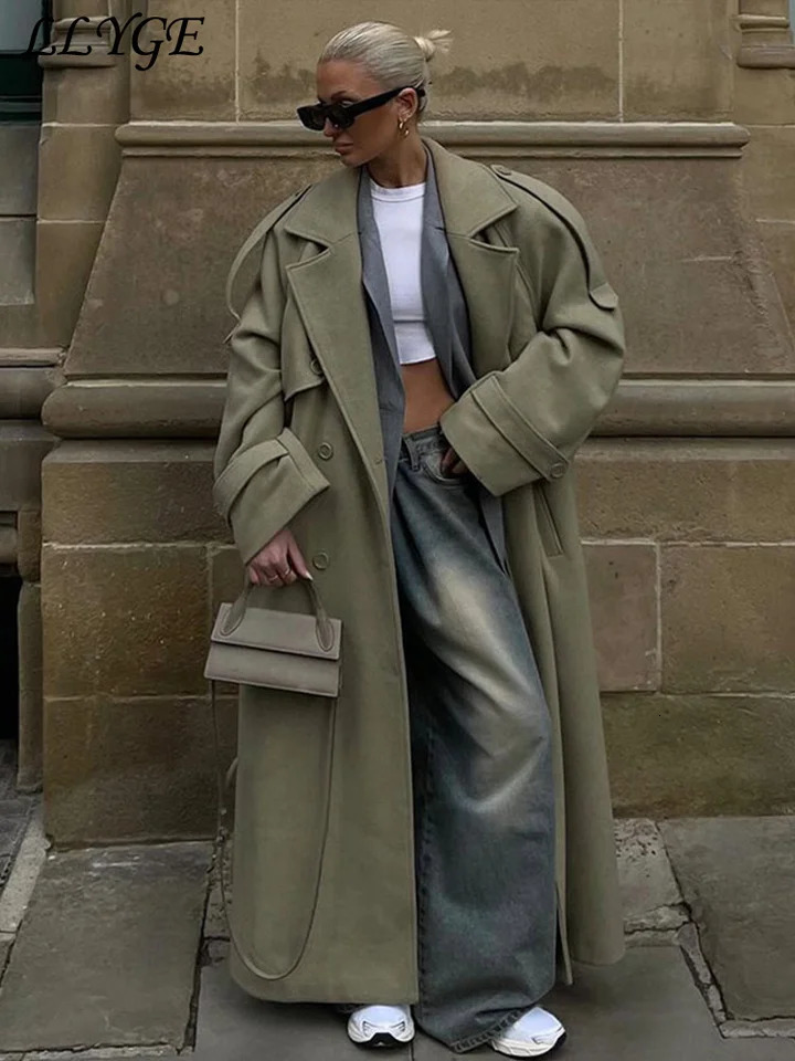 Elegant Womens Woolen Overcoat With Belt Street Lapel Double Breasted Full Sleeve Long Coat 2024 Autumn Lady Loose Outwear 241225