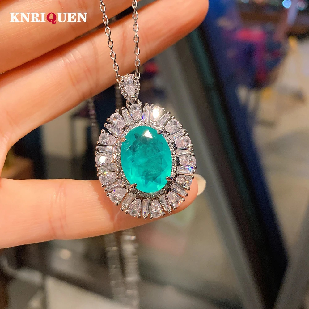 Charms 1216mm Paraiba Tourmaline Emerald High Carbon Diamond Pendant Necklace for Women Wedding Party Fine Jewelry Ladies Gift 241226