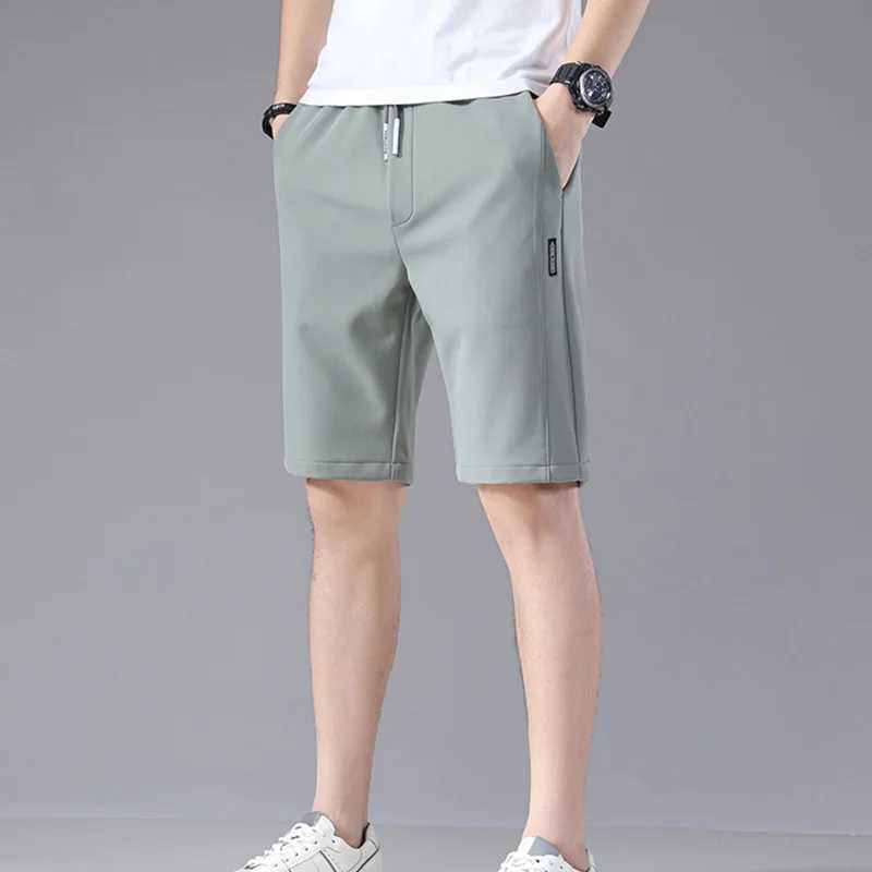 Mens summer casual shorts with elastic waist brushed straight solid color ice silk sports thin pockets knee pants mens clothing W241226