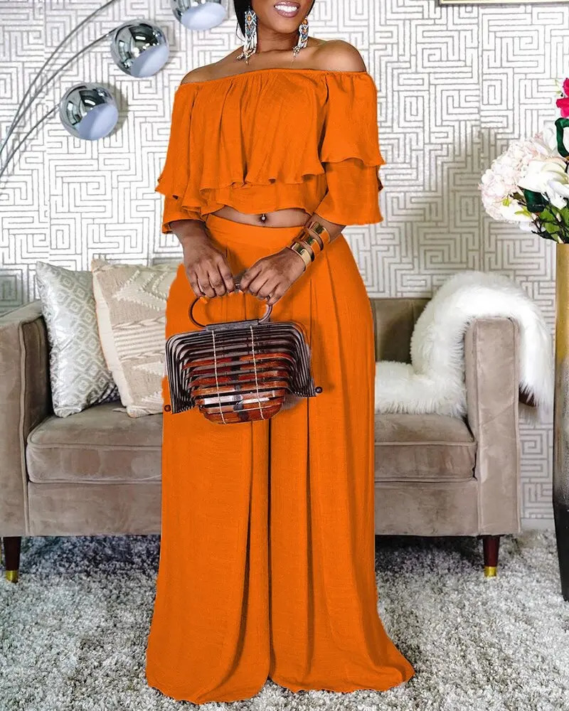 Slash Neck Women Pure Color Two Piece Sets Plus Size Cascading Ruffles Tops Elastic Waist Wideleg Pants Casual Outfits Autumn 241220