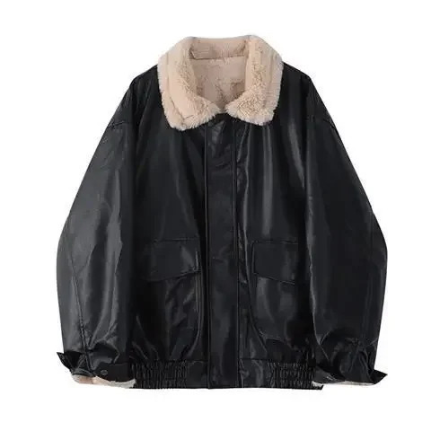 Leather Thicken Jacket Women Fluffy Turndown Collar Long Sleeve Female Coat 2023 Autumn Winter Street Loose Moto Biker Outwear 241223