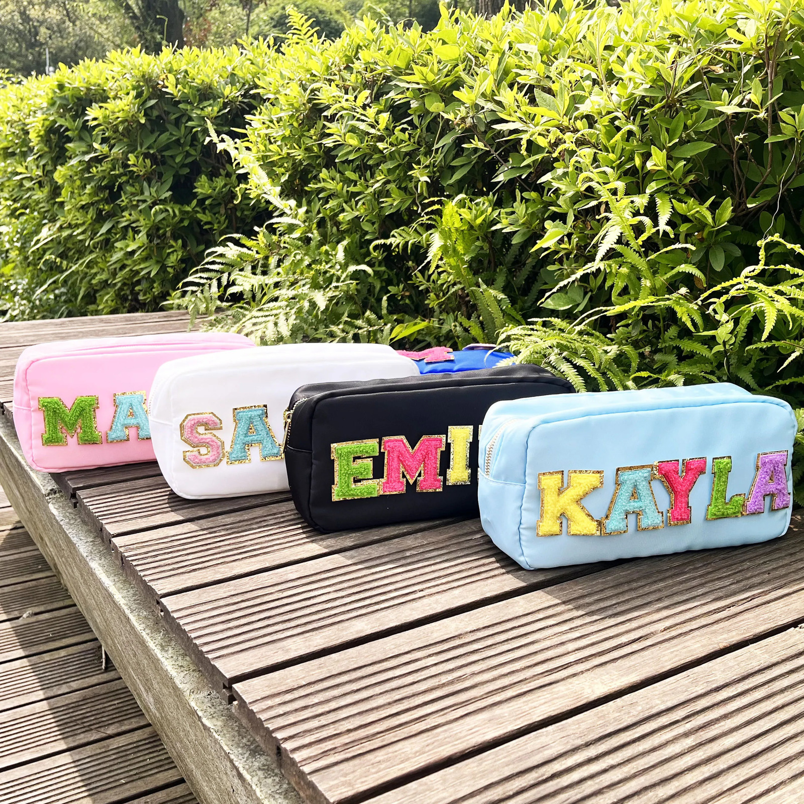 Personalized Chenille Embroidery High Capacity Makeup Bag Nylon--UP TO 5 LETTERS--Waterproof Travel Toiletry Bag for Women Girl 241226