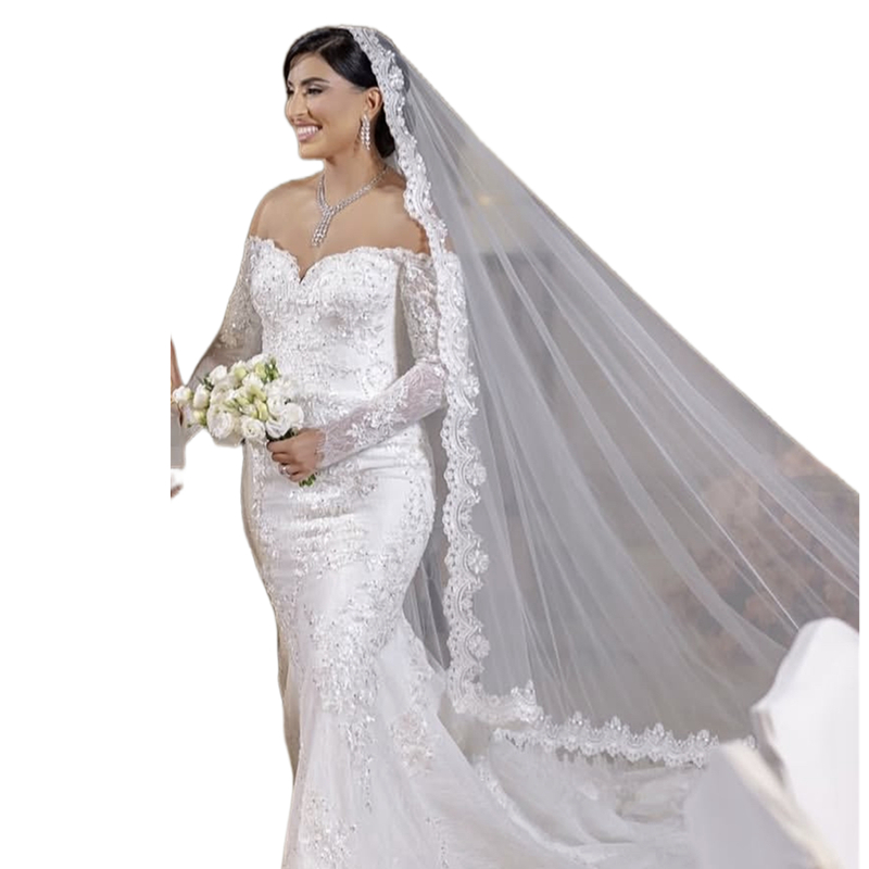 2025 Arabic Elegant Lace Mermaid Wedding Dresses Appliques Off Shoulder Long Sleeves Bridal Gowns Back Lace-up Ivory Tulle Vesstido De Novia