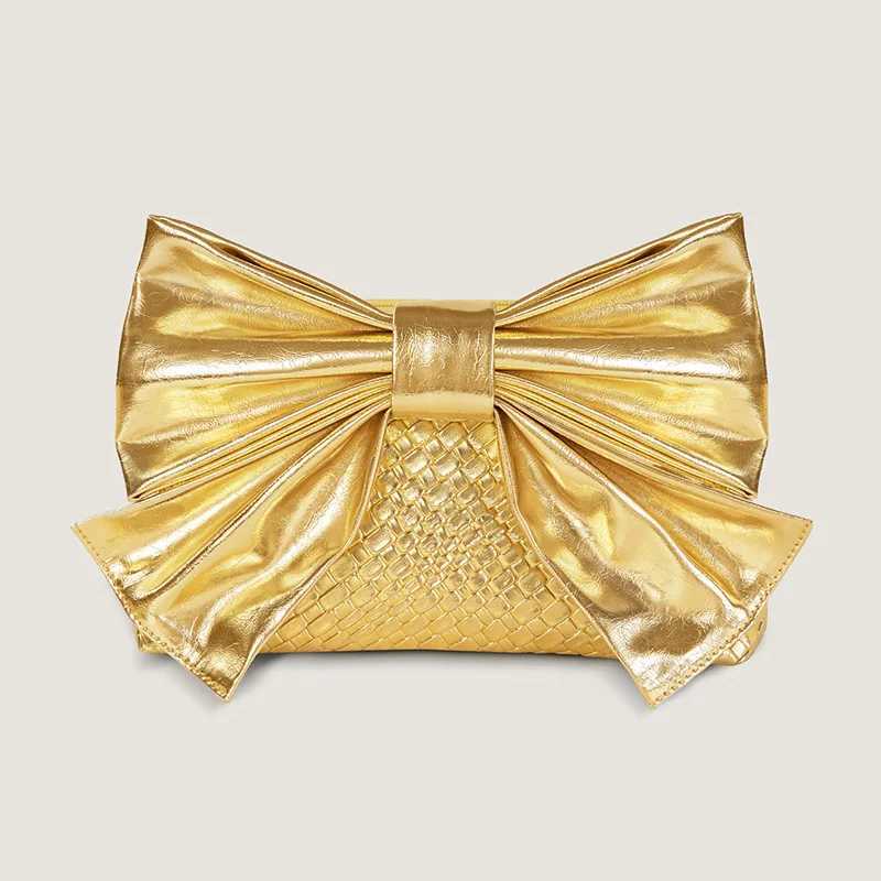 High Quality Luxury gold and silver leather handbag for women sweet PU bow knot clutch metal chain wallet for women elegant wedding party cross body b