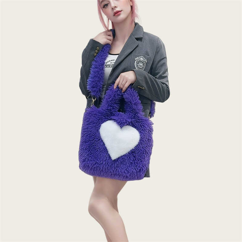 Hairy Bag Women's Heart Pattern Large Capacity Plush Tote Bag Internet Celebrity Casual Shoulder Bag 241215